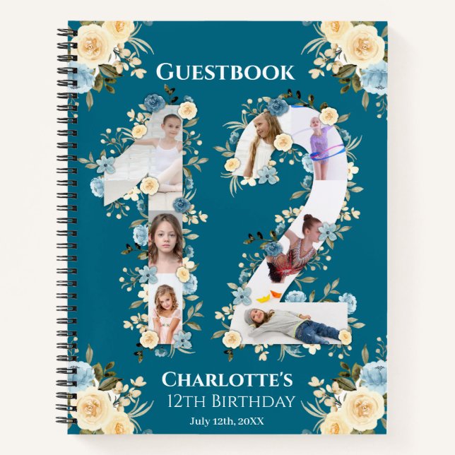 Teal 12th Birthday Photo Yellow Flower Guest Book (Front)
