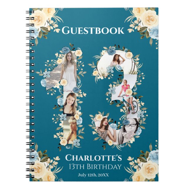 Teal 13th Birthday Photo Yellow Flower Guest Book (Front)