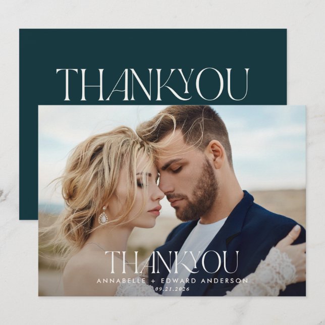 Teal 1 photo wedding thank you modern typography (Front/Back)