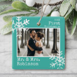 Teal 1st Christmas Mr. & Mrs. Photo Ceramic Ornament<br><div class="desc">Customise this ornament with your wedding photo and add your last name along with the year for this great Christmas keepsake.</div>
