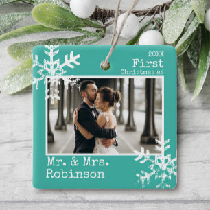 Teal 1st Christmas Mr. & Mrs. Photo Ceramic Ornament