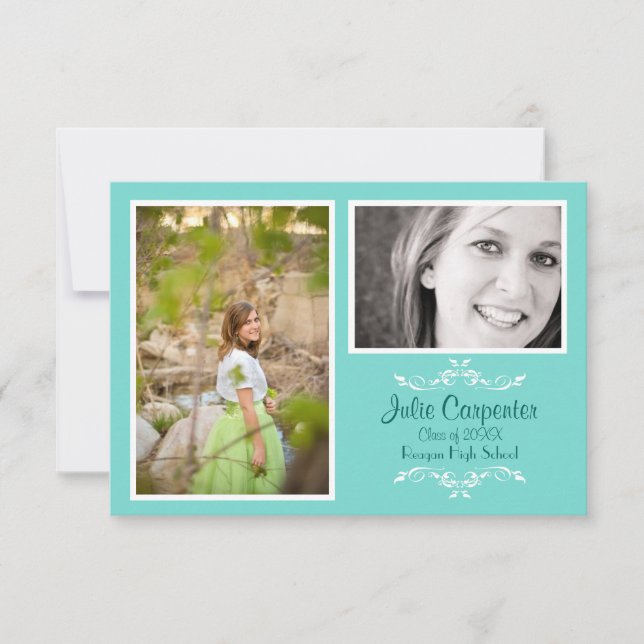 Teal 2 Photo Simple Collage -3x5 Grad Announce Invitation (Front)