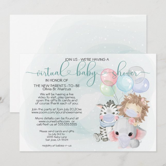 Teal 3 Cute Animals in Masks Virtual Baby Shower Invitation (Front/Back)
