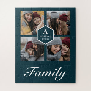 Teal 4 Pictures Family Photo Collage Name Jigsaw Puzzle
