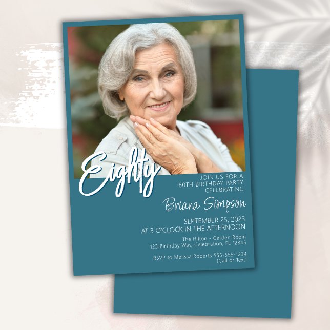 Teal 80th Birthday Photo Invitation (Creator Uploaded)