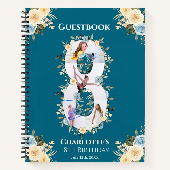 Teal 8th Birthday Photo Yellow Flower Guest Book (Front)
