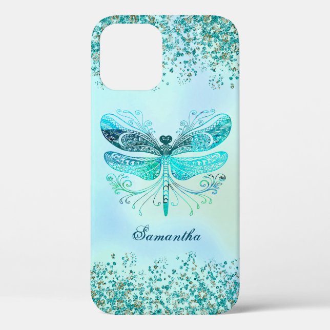 Teal Abstract Dragonfly Glittery Case-Mate iPhone Case (Back)
