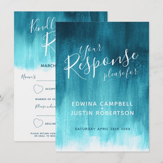 Teal abstract modern art wedding reply RSVP Invitation (Front/Back)