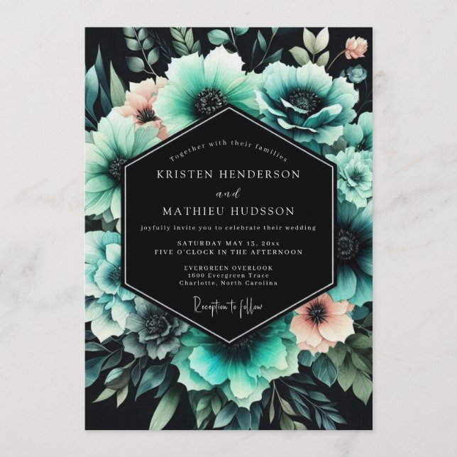 Teal Abyssal Bloom Wedding Invitation (Front)
