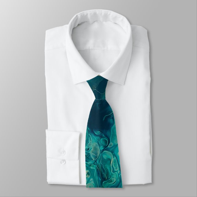 Teal Acrylic Pouring Abstract Fluid Art Tie (Tied)