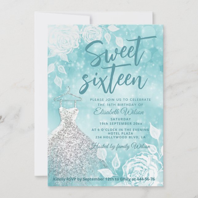 Teal Adorable bokeh white roses sweet sixteen Invitation (Front)