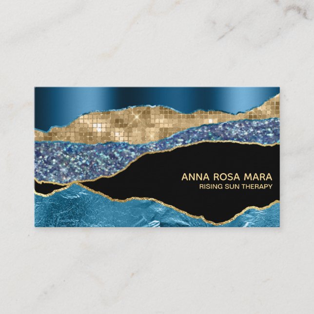 *~* Teal Agate Geode Gold Glitter Glam Black Business Card (Front)