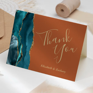 Teal Agate Gold Burnt Orange Wedding Thank You Card