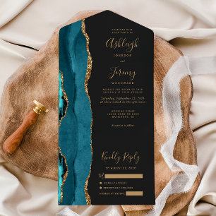 Teal Agate Gold Glitter Dark Wedding All In One Invitation