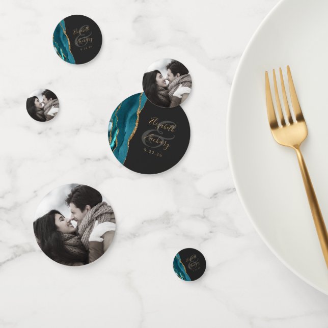 Teal Agate Gold Glitter Photo Dark Wedding Confetti (Group)