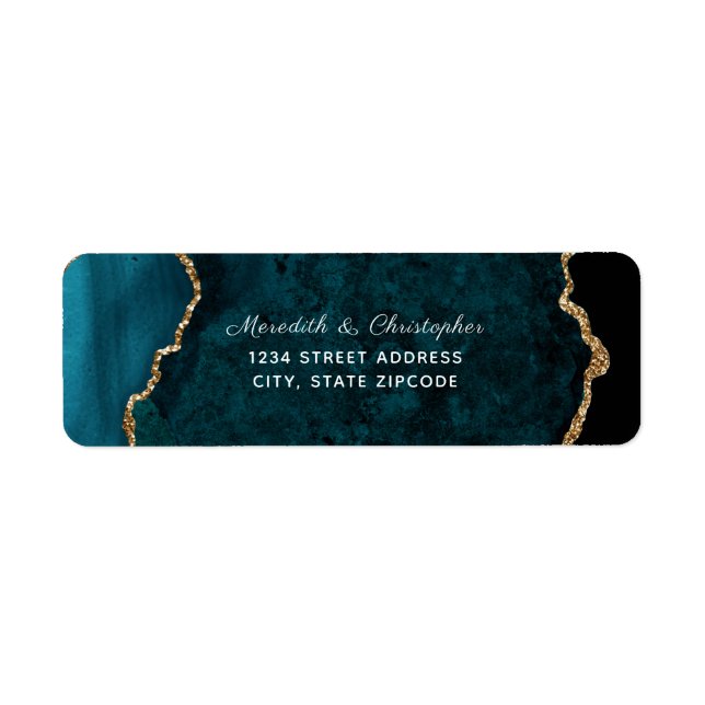 Teal Agate Gold Glitter Wedding Return Address (Front)