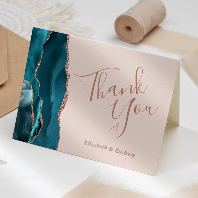 Teal Agate Rose Gold Blush Pink Wedding Thank You Card (Creator Uploaded)