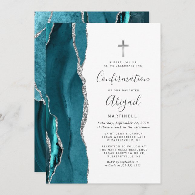  Teal Agate Silver Glitter Confirmation Invitation (Front/Back)