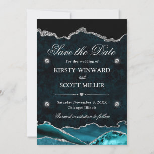 Teal Agate Silver Glitter Elegant Wedding Save The Date