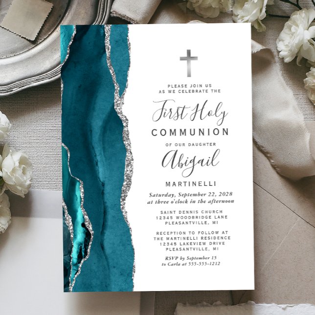  Teal Agate Silver Glitter First Holy Communion Invitation (Creator Uploaded)