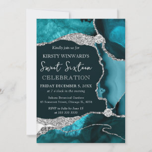 Teal Agate & Silver Glitter Sweet Sixteen Invitation