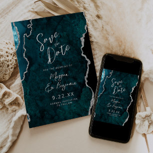 Teal Agate Silver Script Wedding Save the Date Invitation