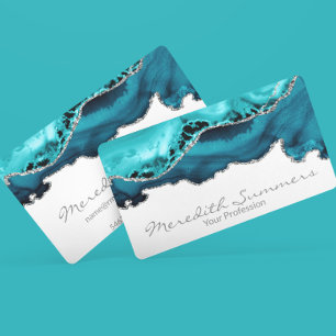 Teal Agate Stone Silver Metallic Custom Business Card