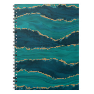 Teal Agate Waves – Abstract Marble with Gold Notebook