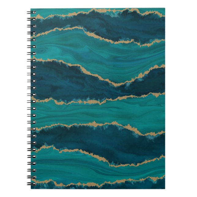 Teal Agate Waves – Abstract Marble with Gold Notebook (Front)