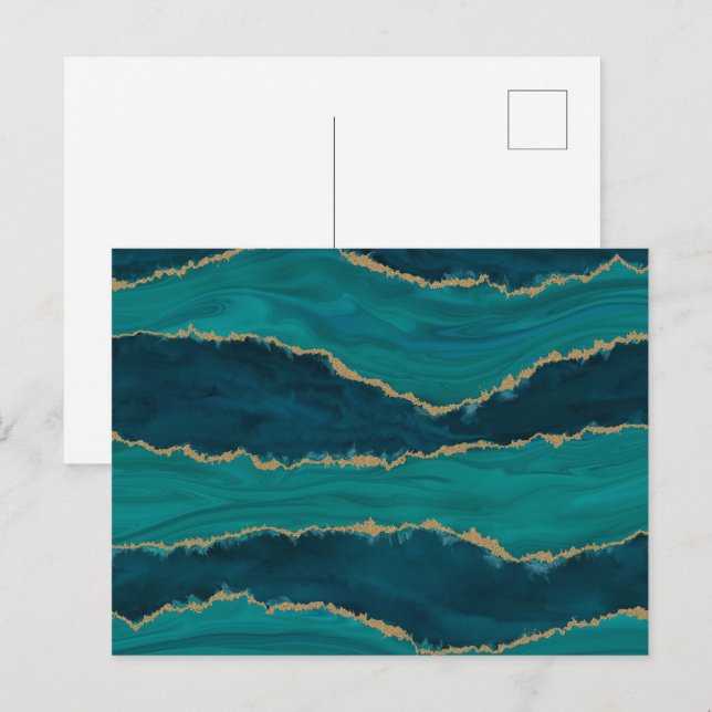 Teal Agate Waves – Abstract Marble with Gold Postcard (Front/Back)