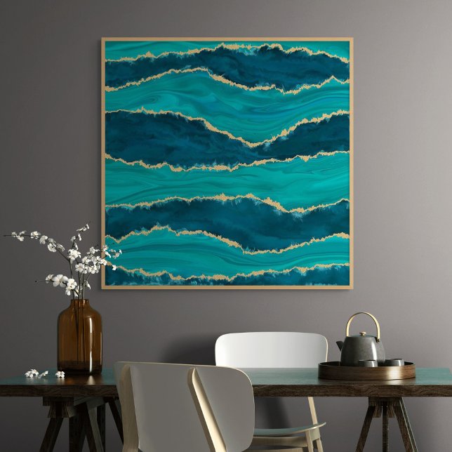 Teal Agate Waves – Abstract Marble with Gold Poster (Teal Agate Waves – Abstract Marble with Gold)