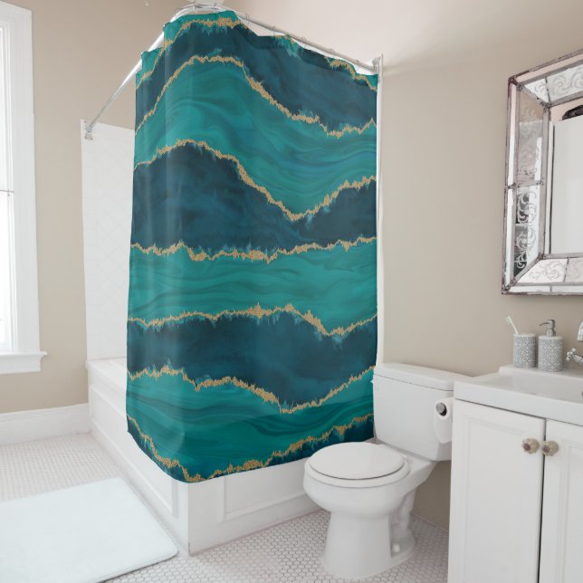 Teal Agate Waves – Abstract Marble with Gold Shower Curtain (In Situ)