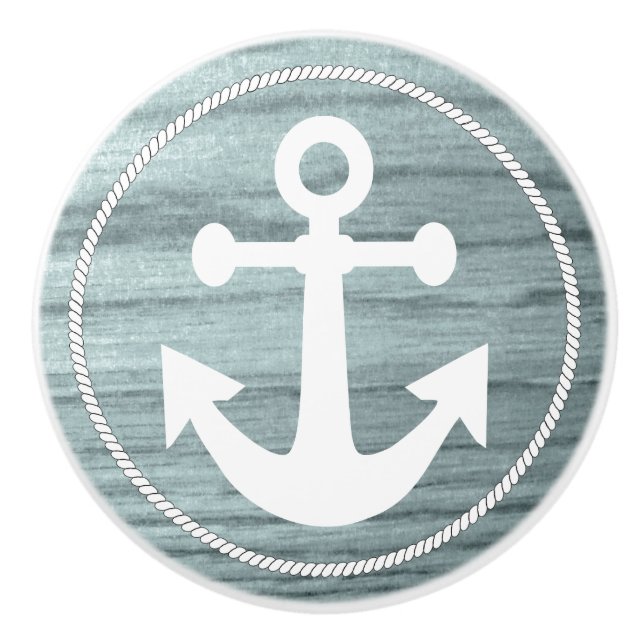 Teal Aged Wood with a Nautical Anchor Design Ceramic Knob (Front)
