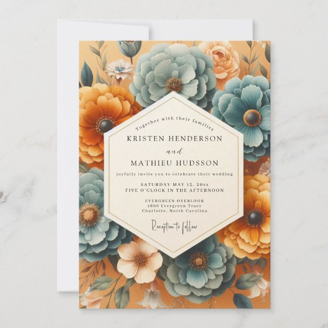 Teal Amber Bloom Romance Wedding Invitation (Front)