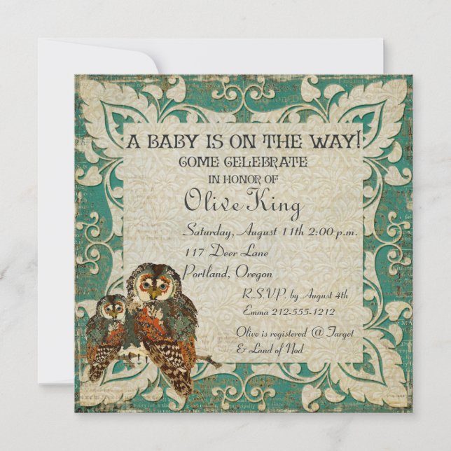 Teal Amber Owls  Baby Shower Invitation (Front)