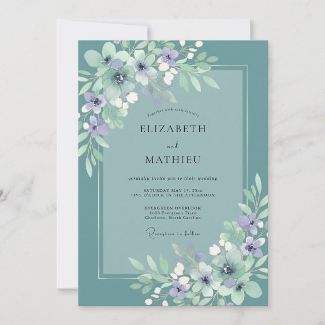 Teal Amethyst Foliage Eucalyptus Wedding Invitation (Front)