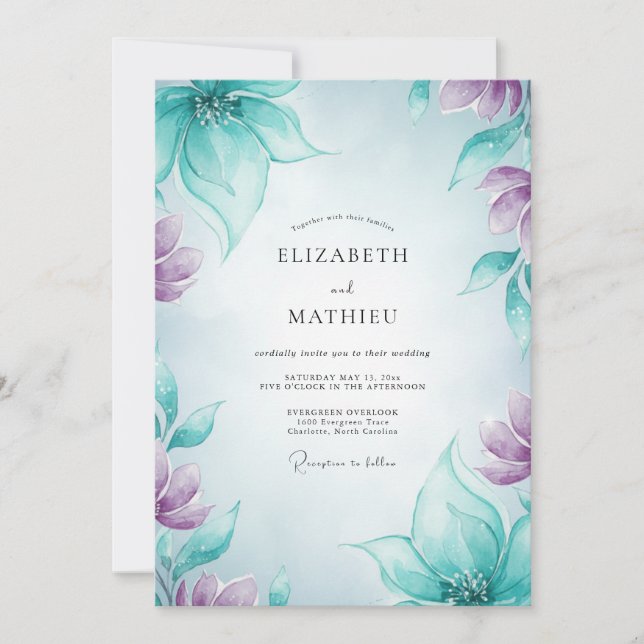 Teal Amethyst Petal Wedding Invitation (Front)