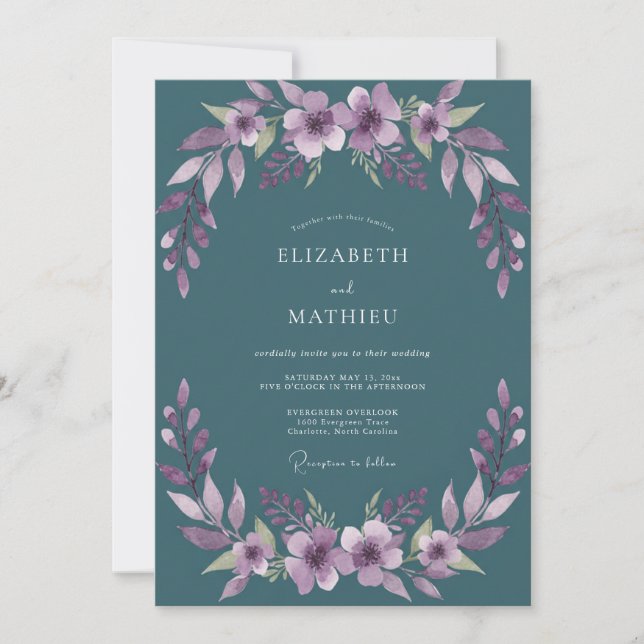 Teal Amethyst Wildflower Wedding Invitation (Front)