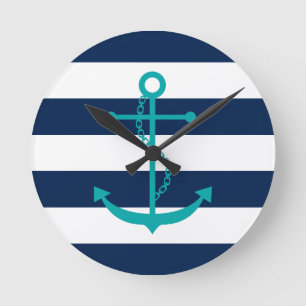 Teal Anchor on Blue Stripes Round Clock