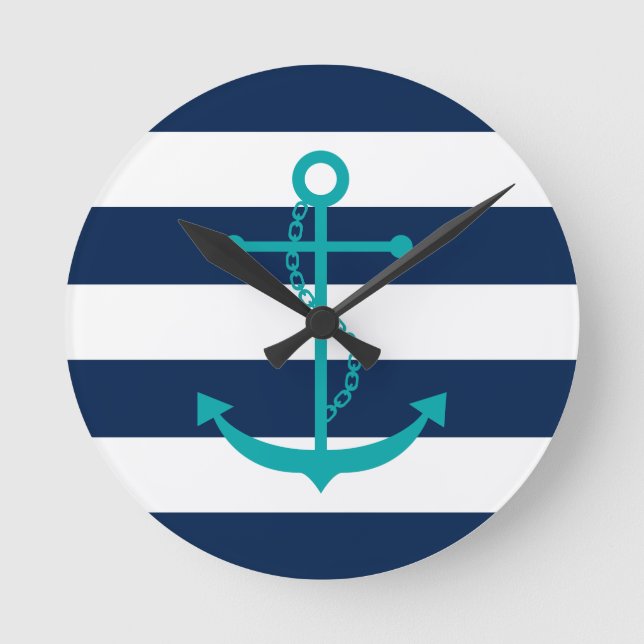Teal Anchor on Blue Stripes Round Clock (Front)