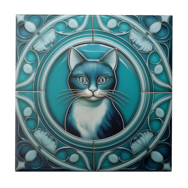 Teal and aqua blue faux relief Art Nouveau Cat Tile (Front)