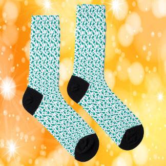 Teal and Aqua Blue Floral Paisley Pattern on White Socks