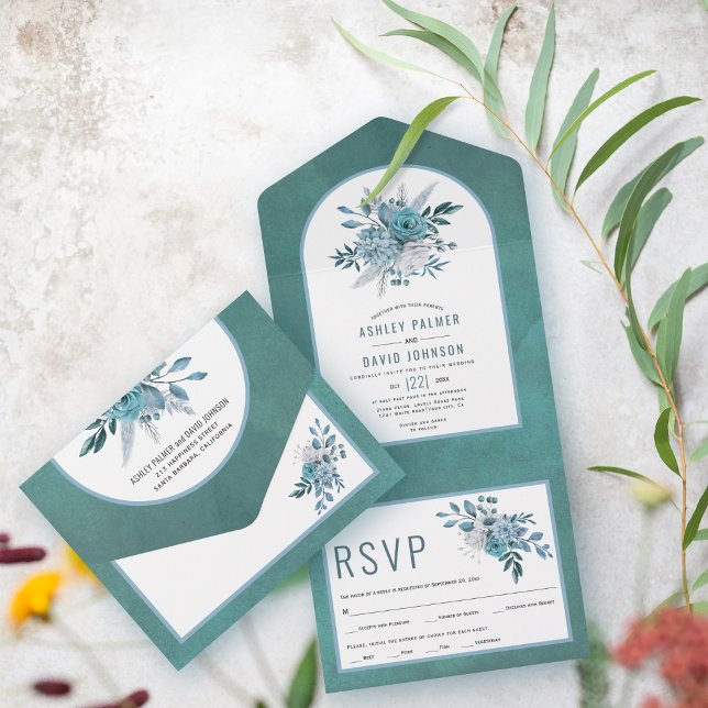 Teal and aqua blue flowers and arch wedding all in one invitation (Creator Uploaded)