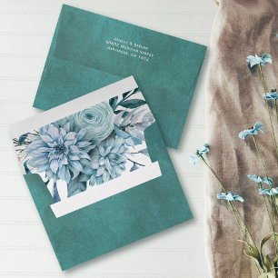 Teal and aqua blue flowers, foliage summer wedding envelope