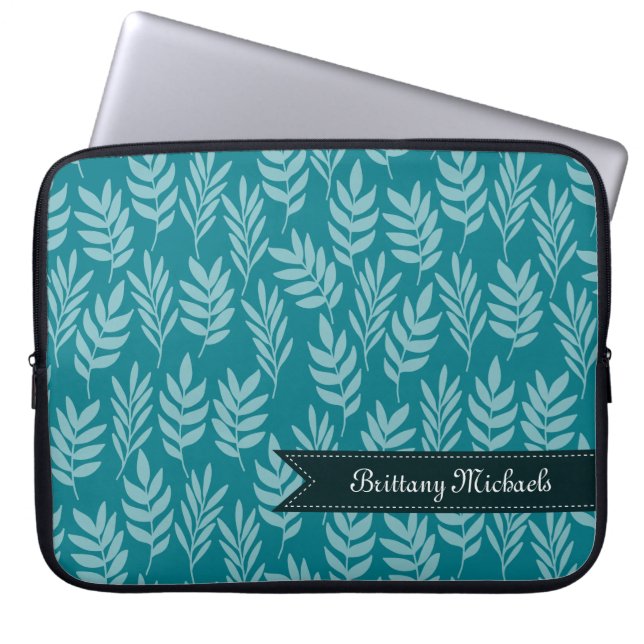 Teal and Aqua Elegant Leaves Pattern With Name Laptop Sleeve (Front)