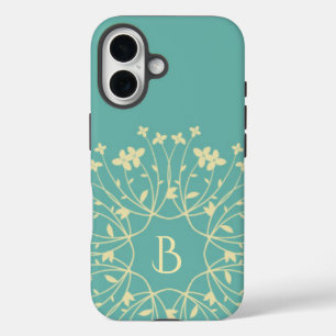 Teal and Beige Elegant Flower Wreath Monogram iPhone 16 Case