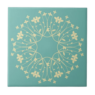 Teal and Beige Elegant Flower Wreath Tile