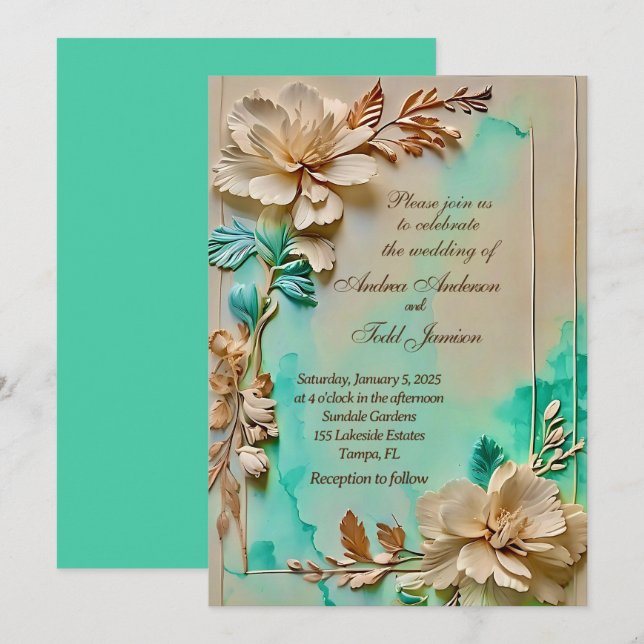 Teal and beige flower wedding invitation (Front/Back)