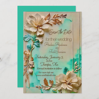 Teal and beige flower wedding save the date
