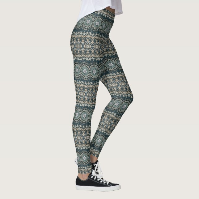 Teal and Beige Mandala Pattern Design Leggings (Right)